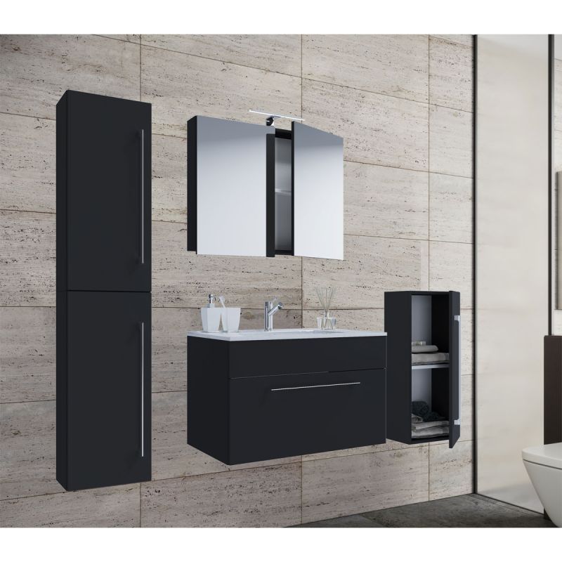 Waschplatz 60 cm 5-teiliges Set 1 Schubfach mit Spiegelschrank schwarz