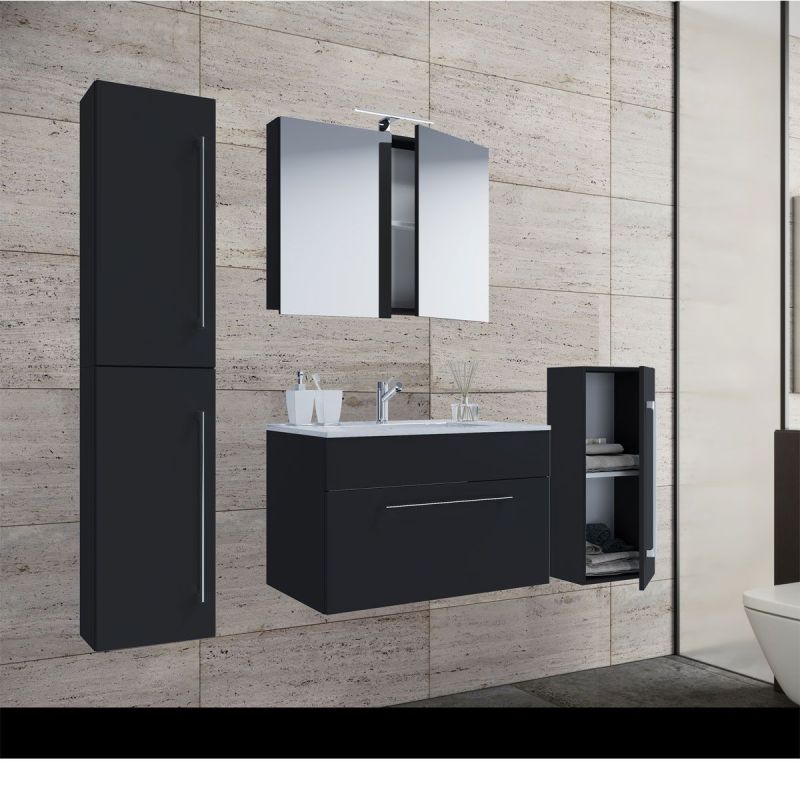 Waschplatz 80 cm 5-teiliges Set 1 Schubfach mit Spiegelschrank schwarz