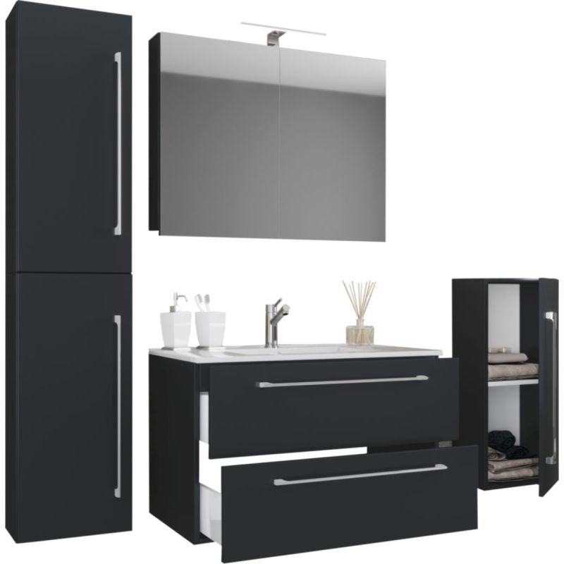 Waschplatz 60 cm 5-teiliges Set 2 Schubfächer mit Spiegelschrank schwarz