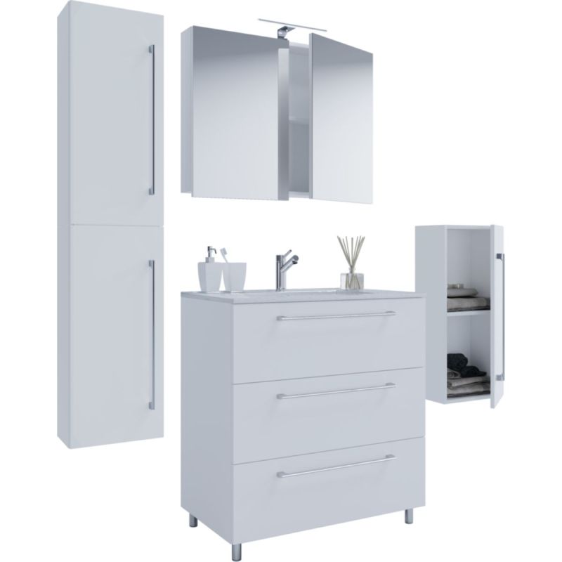 Stand-Waschplatz 60 cm 5-teiliges Set 3 Schubfächer mit Spiegelschrank weiß