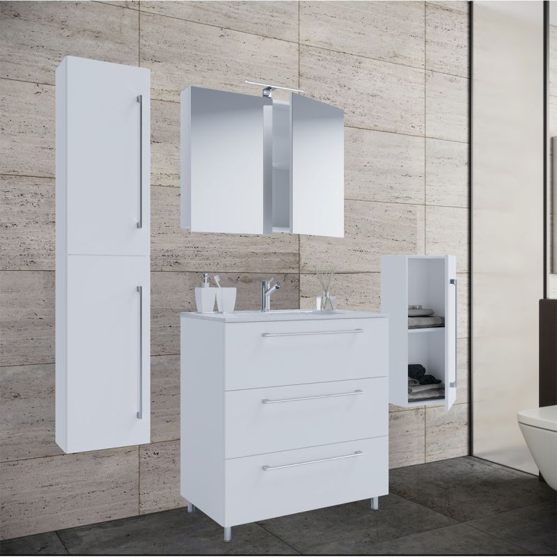 Stand-Waschplatz 80 cm 5-teiliges Set 3 Schubfächer mit Spiegelschrank weiß