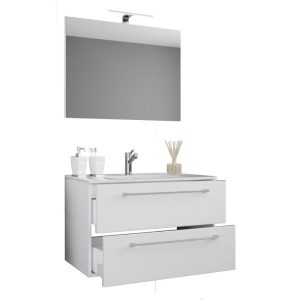 Waschplatz 80 cm 3-teilig 2 Schubfächer mit Spiegel weiß Waschplatz 80 cm 3-teilig 2 Schubfächer mit Spiegel weiß