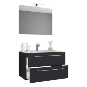 Waschplatz 80 cm 3-teilig 2 Schubfächer mit Spiegel schwarz Waschplatz 80 cm 3-teilig 2 Schubfächer mit Spiegel schwarz