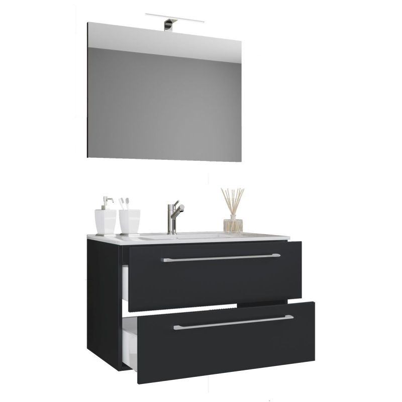 Waschplatz 80 cm 3-teilig 2 Schubfächer mit Spiegel schwarz