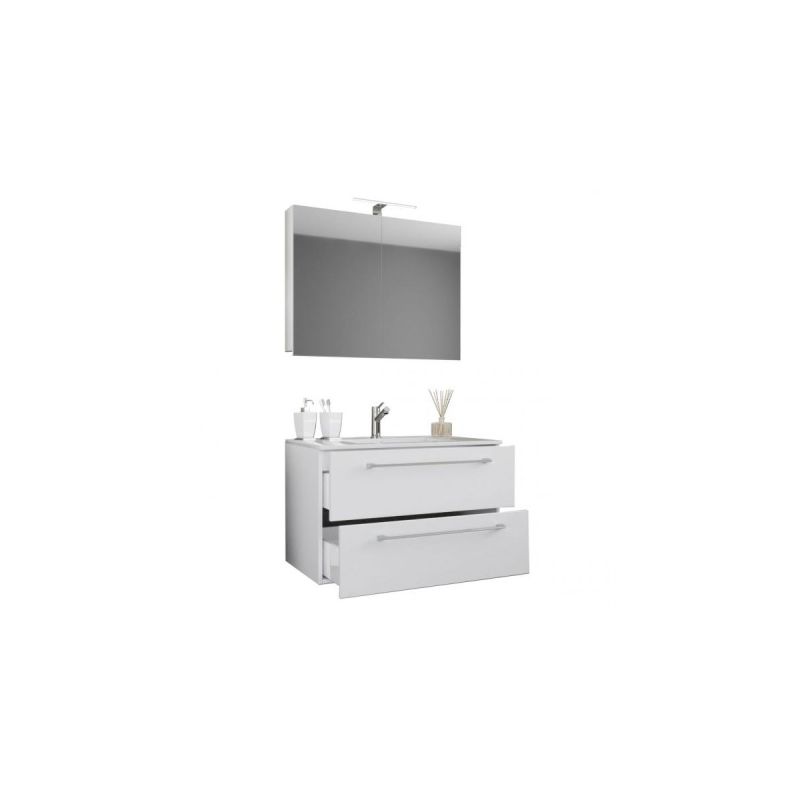 Waschplatz 60 cm 3-teilig 2 Schubfächer mit Spiegelschrank weiß