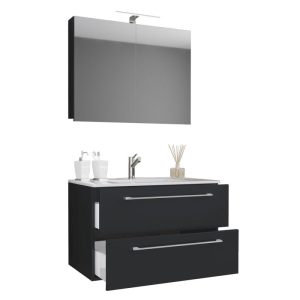 Waschplatz 60 cm 3-teilig 2 Schubfächer mit Spiegelschrank schwarz Waschplatz 60 cm 3-teilig 2 Schubfächer mit Spiegelschrank schwarz