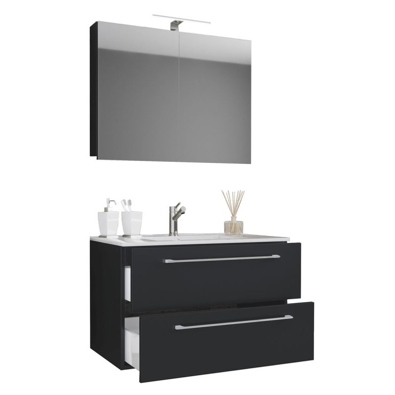 Waschplatz 60 cm 3-teilig 2 Schubfächer mit Spiegelschrank schwarz
