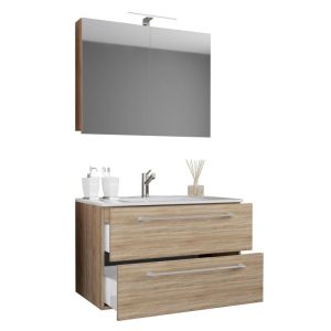 Waschplatz 60 cm 3-teilig 2 Schubfächer mit Spiegelschrank Sonoma-Eiche Waschplatz 60 cm 3-teilig 2 Schubfächer mit Spiegelschrank Sonoma-Eiche