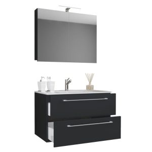 Waschplatz 80 cm 3-teilig 2 Schubfächer mit Spiegelschrank schwarz Waschplatz 80 cm 3-teilig 2 Schubfächer mit Spiegelschrank schwarz