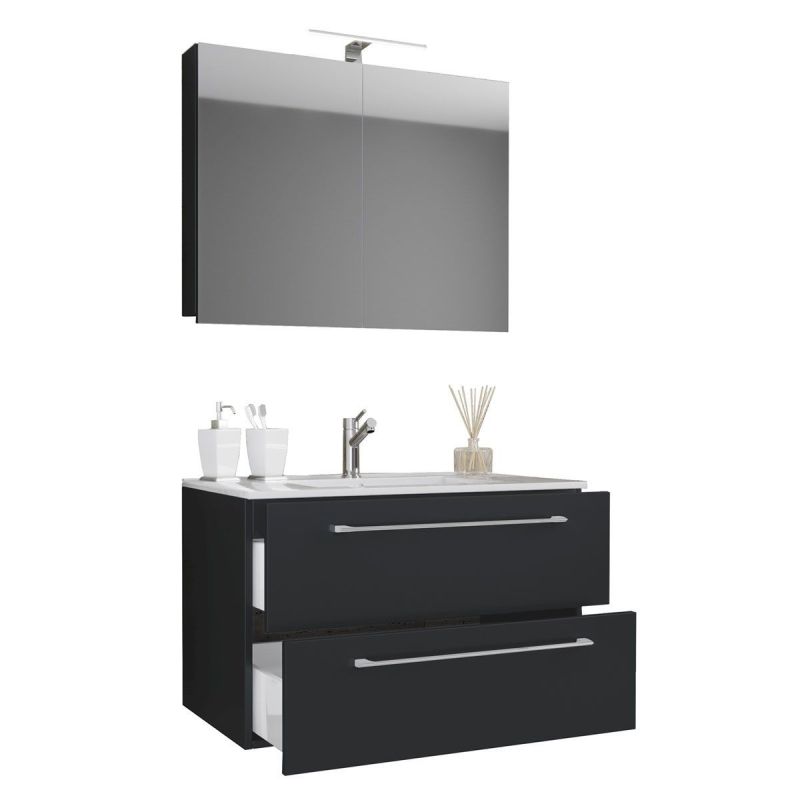 Waschplatz 80 cm 3-teilig 2 Schubfächer mit Spiegelschrank schwarz