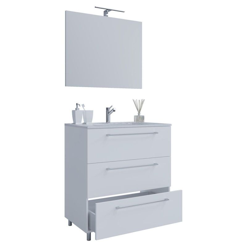 Stand-Waschplatz 80 cm 3-teilig 3 Schubfächer mit Spiegel weiß