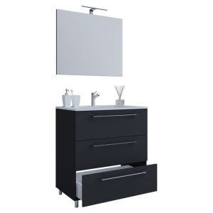 Stand-Waschplatz 80 cm 3-teilig 3 Schubfächer mit Spiegel schwarz Stand-Waschplatz 80 cm 3-teilig 3 Schubfächer mit Spiegel schwarz