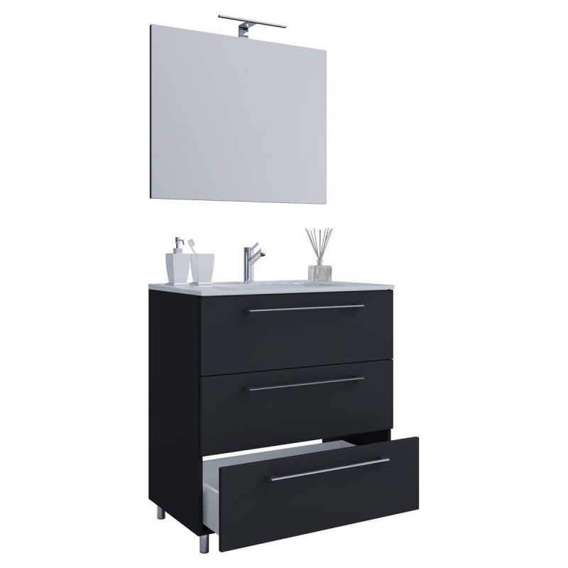 Stand-Waschplatz 80 cm 3-teilig 3 Schubfächer mit Spiegel schwarz