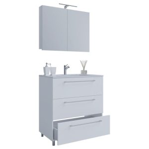 Stand-Waschplatz 80 cm 3-teilig 3 Schubfächer mit Spiegelschrank weiß Stand-Waschplatz 80 cm 3-teilig 3 Schubfächer mit Spiegelschrank weiß