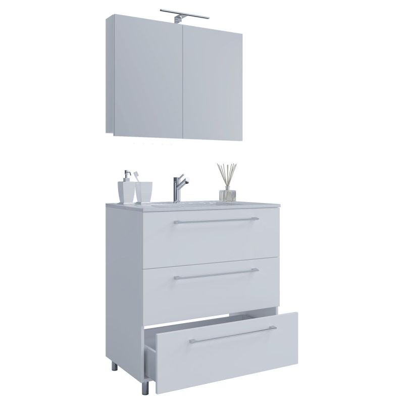 Stand-Waschplatz 80 cm 3-teilig 3 Schubfächer mit Spiegelschrank weiß