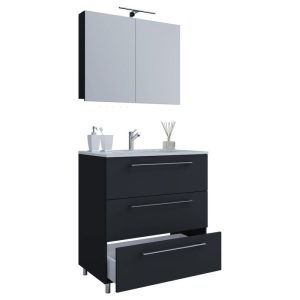 Stand-Waschplatz 80 cm 3-teilig 3 Schubfächer mit Spiegelschrank schwarz Stand-Waschplatz 80 cm 3-teilig 3 Schubfächer mit Spiegelschrank schwarz