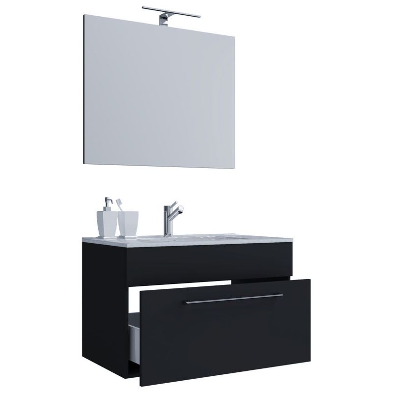 Waschplatz 80 cm 3-teilig 1 Schubfach mit Spiegel schwarz