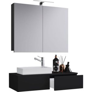 Gäste Waschplatz Gudas 3-teilig mit Spiegelschrank schwarz Gäste Waschplatz Gudas 3-teilig mit Spiegelschrank schwarz