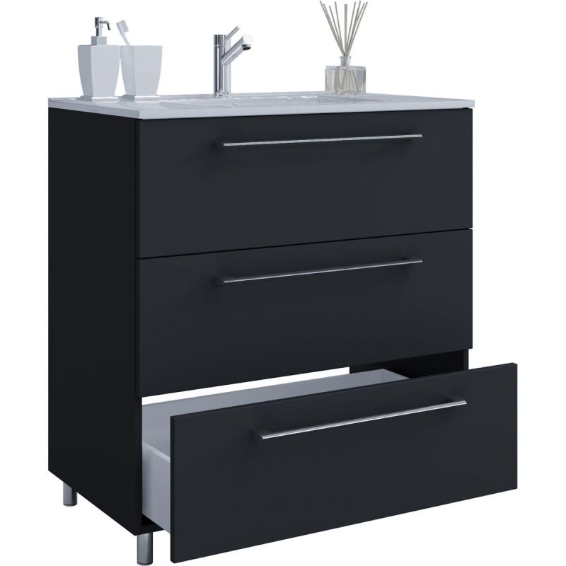 Stand-Waschplatz 80 cm 2-teilig 3 Schubfächer schwarz