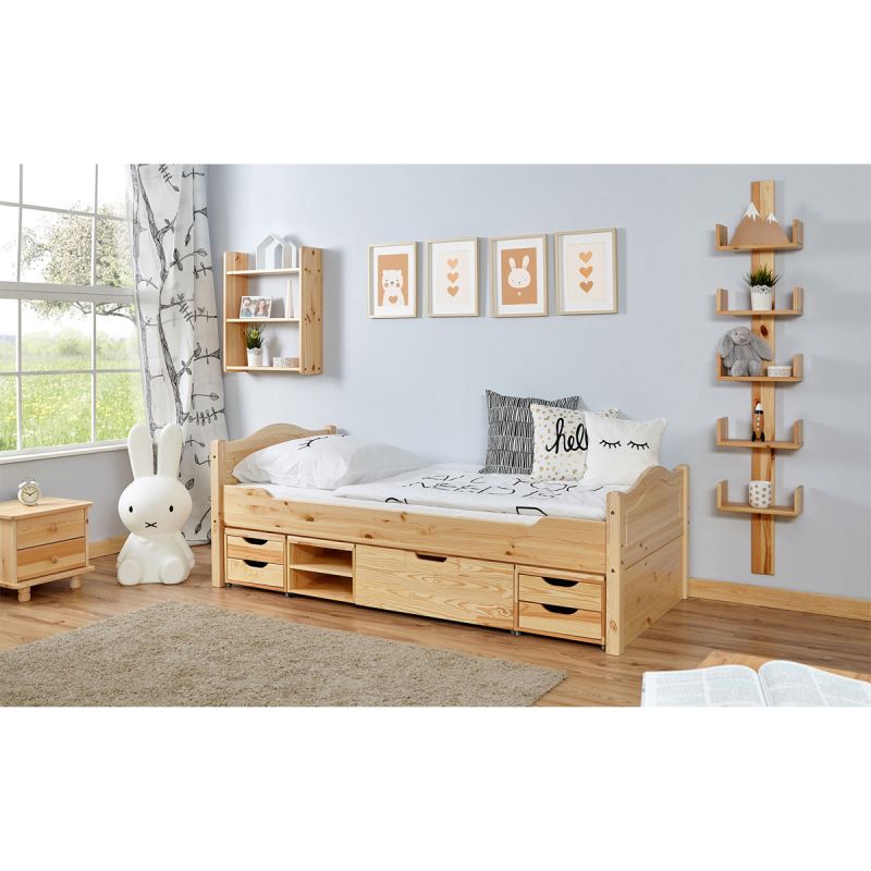 Ticaa Einzelbett Leni Kiefer mit 4er Funktionsschubkasten 100 x 200 cm