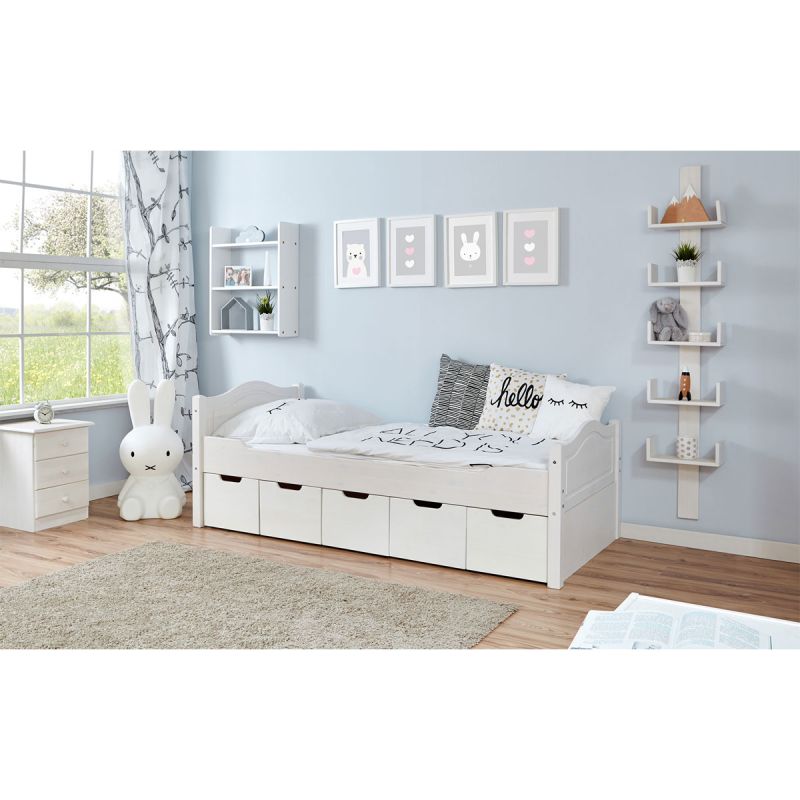 Ticaa Einzelbett Leni Kiefer weiß mit 5er Schubkästen 90 x 200 cm