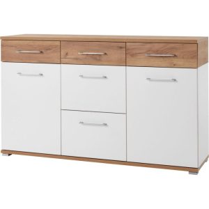 Sideboard Top mit 5 Schubkästen und 2 Türen 144 x 87 x 40 cm weiß/Navarra-Eiche-Nachbildung Sideboard Top mit 5 Schubkästen und 2 Türen 144 x 87 x 40 cm weiß/Navarra-Eiche-Nachbildung