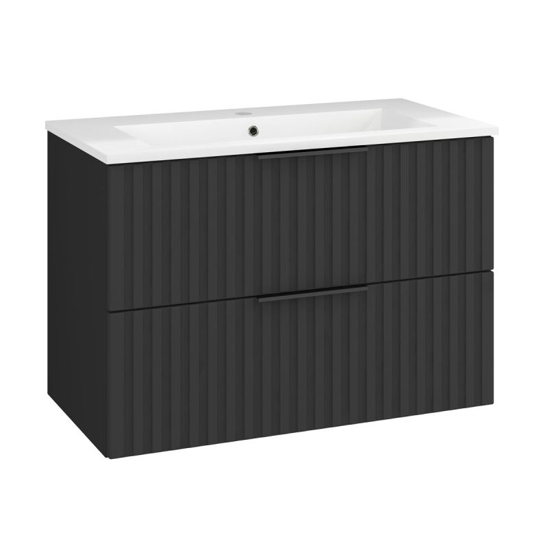Waschtisch Amy, 80cm, Farbe: Matt-Schwarz, mit 2 Schubladen und Soft-Close-Funktion