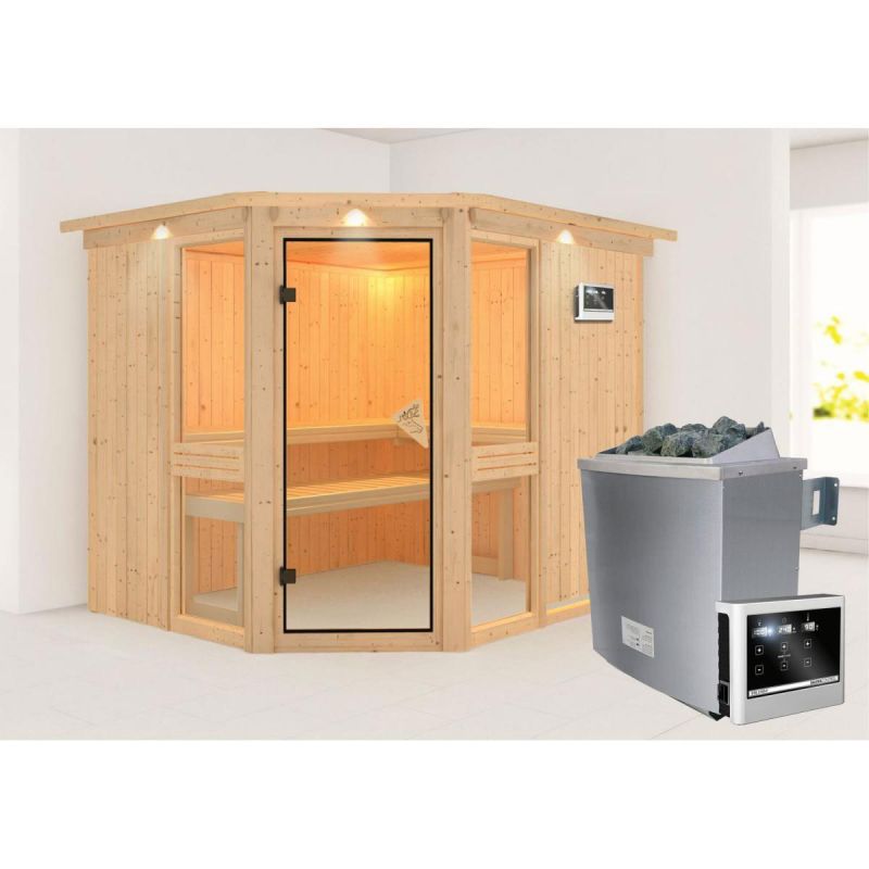 Karibu Amelia 3 Eckeinstieg 9 kW Ofen externe Strg modern mit Kranz