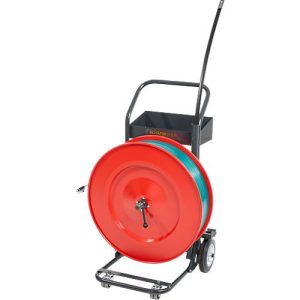 Abrollwagen Premium X, für Umreifungsbänder mit Kern-Ø 406 mm, 4 Räder, mit Radbremse & Einfädelungsstab, Stahl, rot-schwarz