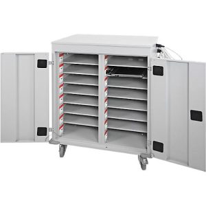 ADB Laptopwagen, 16 Fächer, Stromversorgung, belüftet, Zylinderschloss, 67 kg, B 920 x T 500 x H 1060, lichtgrau RAL 7035 ADB Laptopwagen, 16 Fächer, Stromversorgung, belüftet, Zylinderschloss, 67 kg, B 920 x T 500 x H 1060, lichtgrau RAL 7035