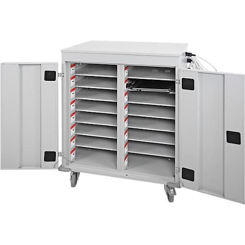 ADB Laptopwagen, 16 Fächer, Stromversorgung, belüftet, Zylinderschloss, 67 kg, B 920 x T 500 x H 1060, lichtgrau RAL 7035
