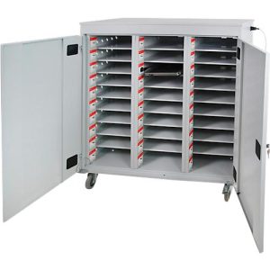 ADB Laptopwagen, 30 Fächer, Stromversorgung, belüftet, Zylinderschloss, 107 kg, B 1200 x T 500 x H 1250, lichtgrau RAL 7035 ADB Laptopwagen, 30 Fächer, Stromversorgung, belüftet, Zylinderschloss, 107 kg, B 1200 x T 500 x H 1250, lichtgrau RAL 7035