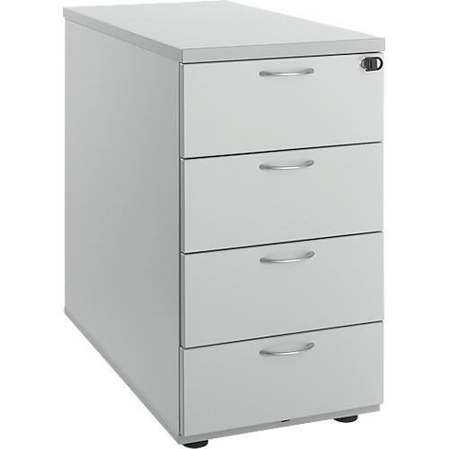 Anstellcontainer, 4 Schübe, Metallgriffe, abschließbar, Fußgleiter, inkl. Materialschale & 4 Trennschiede, B 400 x T 800 x H 730 mm, Spanplatte, grau