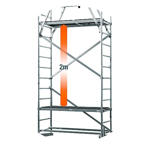 Arbeitsgerüst 2. Aufstockung MONTO® ClimTec, zusätzliche Arbeitshöhe 2 m, höhenverstellbare Belagbühne mit Luke, V-Traverse, bis 200 kg/m², Aluminium