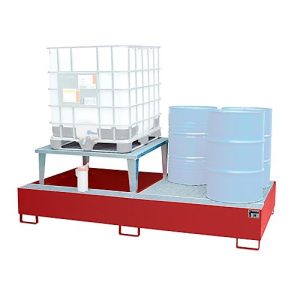 Auffangwanne Bauer AWA 21, Stahl, rot, L 2650 x B 1460 x H 863 mm, 1000 l, für 2 x 1000 l IBC, 1 Abfüllaufsatz, 1 Gitterost Auffangwanne Bauer AWA 21, Stahl, rot, L 2650 x B 1460 x H 863 mm, 1000 l, für 2 x 1000 l IBC, 1 Abfüllaufsatz, 1 Gitterost