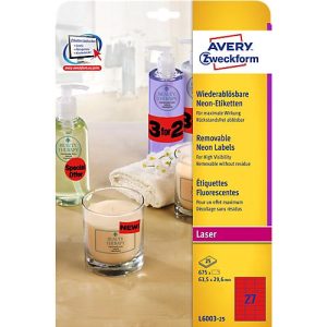 Avery Neon-Etiketten L6003-25, zum Beschriften, ablösbar, Papier, rot, 63,5 x 29,6 mm, 25 x A4 Bögen, 675 Stk. Avery Neon-Etiketten L6003-25, zum Beschriften, ablösbar, Papier, rot, 63,5 x 29,6 mm, 25 x A4 Bögen, 675 Stk.