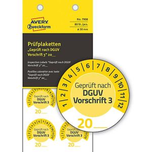 Avery Zweckform 7908 Prüfplaketten „DGUV Vorschrift 3“ 20__zum Selbereintragen, extrem robust, Ø 30 mm, 80 Stück/10 Bogen, Vinylfolie, gelb Avery Zweckform 7908 Prüfplaketten „DGUV Vorschrift 3“ 20__zum Selbereintragen, extrem robust, Ø 30 mm, 80 Stück/10 Bogen, Vinylfolie, gelb