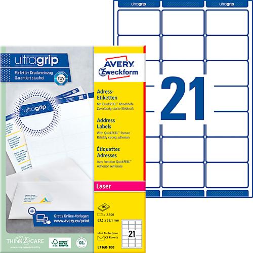 Avery Zweckform Adressetiketten L7160-100, mit ultragrip, geeignet für Laserdrucker, 63,5 x 38,1 mm, 2100 Stück/100 A4-Bogen, 100 % FSC®-Papier, weiß