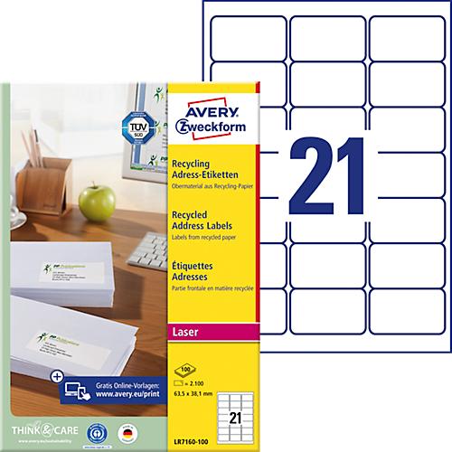Avery Zweckform Adressetiketten LR7160-100, geeignet für Laserdrucker, 63,5 x 38,1 mm, 2100 Stück/100 A4-Bogen, Blauer Engel, Recyclingpapier, naturweiß