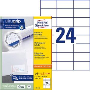 Avery® Zweckform Etiketten 3474-200, A4, universell, permanenthaftend, ultragrip, druckergeeignet, FSC®-Papier, rechteckig, weiß, 5280 Stück auf 220 Bogen