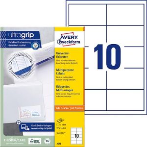 Avery® Zweckform Etiketten 3679, A4, universell, permanenthaftend, ultragrip, druckergeeignet, FSC®-Papier, rechteckig, weiß, 1000 Stück auf 100 Bogen