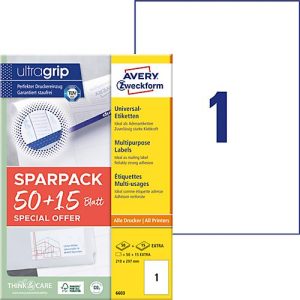Avery Zweckform Etiketten 6603, universal, ultragrip, geeignet für Inkjet- & Laserdrucker, 210 x 297 mm, 65 Stück/65 A4-Bogen, FSC®-Papier, weiß Avery Zweckform Etiketten 6603, universal, ultragrip, geeignet für Inkjet- & Laserdrucker, 210 x 297 mm, 65 Stück/65 A4-Bogen, FSC®-Papier, weiß