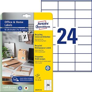 Avery® Zweckform Etiketten LR3475-10, A4, universell, permanenthaftend, druckergeeignet, Recycling-Papier, rechteckig, naturweiß, 240 Stück auf 10 Bogen