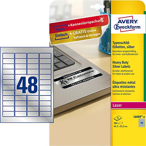 Avery Zweckform Typenschildetiketten L6009-8, extrem robust, geeignet für SW-Laserdrucker, 45,7 x 21,2 mm, 384 Stück/8 A4-Bogen, Polyesterfolie, silber
