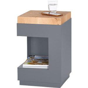 Beistelltisch, quadratisch, Säulenfuß mit Ablagefach & Filzgleitern, bis 30 kg, B 350 x T 350 x H 540 mm, Hirnholz-Eiche/Acryl, grau-matt