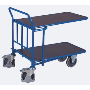 C+C Wagen, Stahl/Siebdruckplatte, Enzianblau/Dunkelbraun, 2 Etagen, L 1030 x B 700 mm, mit Längsstreben, TPE-Rollen mit Feststellbremse, bis 500 kg C+C Wagen, Stahl/Siebdruckplatte, Enzianblau/Dunkelbraun, 2 Etagen, L 1030 x B 700 mm, mit Längsstreben, TPE-Rollen mit Feststellbremse, bis 500 kg
