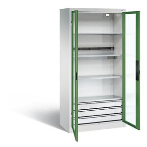 C+P Akkuladeschrank Basic mit Sichtfenster aus Acrylglas und Schubladenblock, H 1950 x B 930 x T 500 mm, Lichtgrau/Lichtblau C+P Akkuladeschrank Basic mit Sichtfenster aus Acrylglas und Schubladenblock, H 1950 x B 930 x T 500 mm, Lichtgrau/Lichtblau