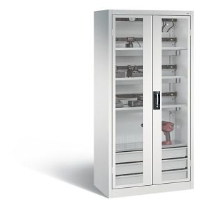 C+P Akkuladeschrank Comfort mit Sichtfenster aus Acrylglas und Schubladenblock, H 1950 x B 930 x T 500 mm, Lichtgrau/Lichtblau C+P Akkuladeschrank Comfort mit Sichtfenster aus Acrylglas und Schubladenblock, H 1950 x B 930 x T 500 mm, Lichtgrau/Lichtblau