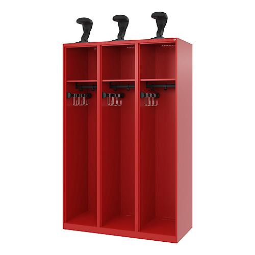 C+P Feuerwehrspind Evolo, Modell EXPERT, 3 Abteile, B 1200 x T 500 x H 1850 mm, Bodengleiter, Helmhalter, feuerrot RAL 3000
