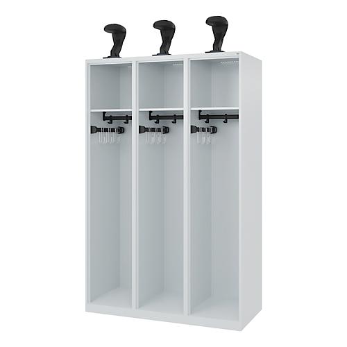 C+P Feuerwehrspind Evolo, Modell EXPERT, 3 Abteile, B 1200 x T 500 x H 1850 mm, Bodengleiter, Helmhalter, lichtgrau RAL 7035